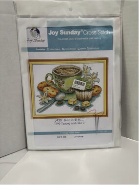 Joy Sunday Preprinted Cross Stitch Kit Teacup and Cake 2. New In Package